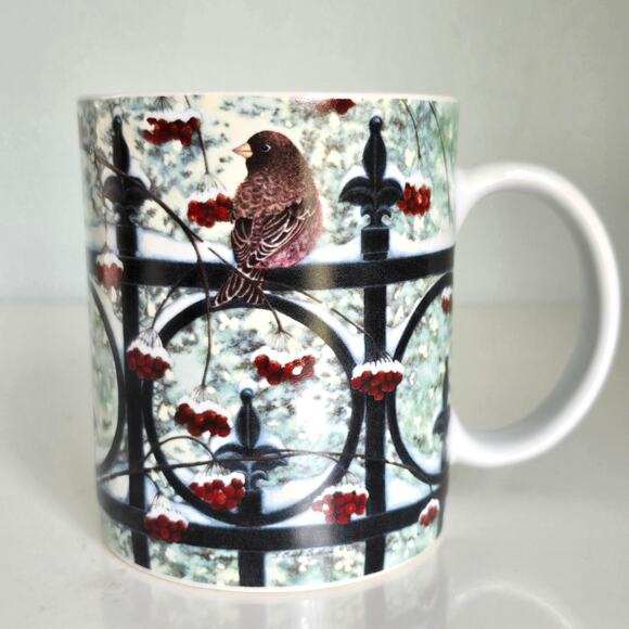Vintage Lang Coffee Mug On The Fence Sparrow Berries Winter Scene Bird Lover - Picture 1 of 10